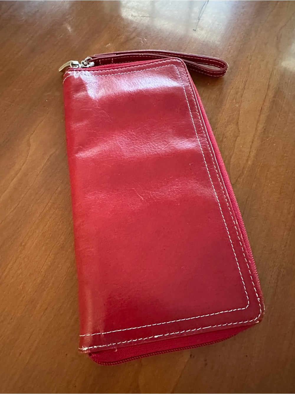 Fossil Red Leather Travel Wallet Passport Holder Zip Around Organizer Wristlet